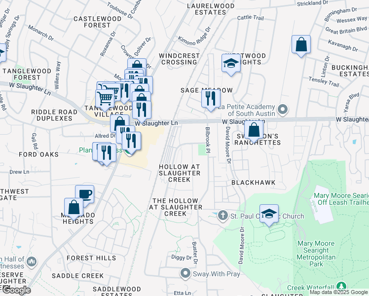 map of restaurants, bars, coffee shops, grocery stores, and more near 9800 Slaughter Creek Drive in Austin