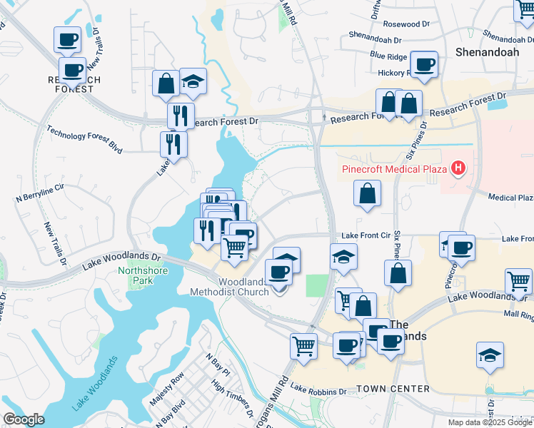 map of restaurants, bars, coffee shops, grocery stores, and more near 1780 Hughes Landing Boulevard in The Woodlands