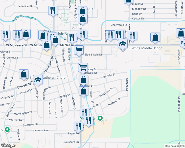 map of restaurants, bars, coffee shops, grocery stores, and more near 4701 Desoto Street in Lake Charles