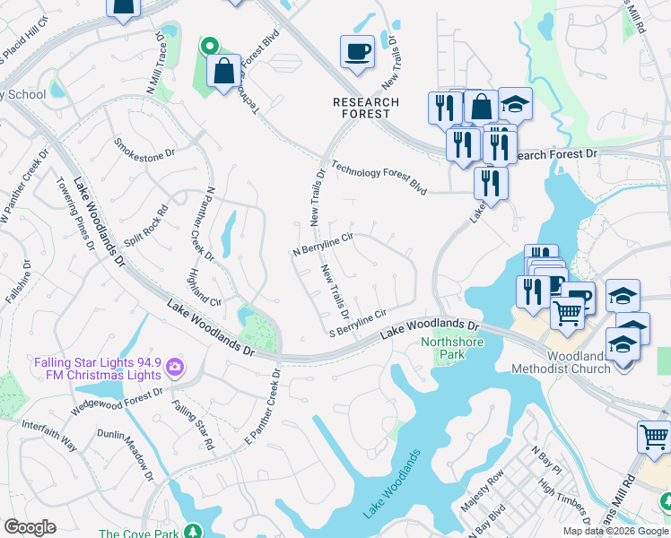 map of restaurants, bars, coffee shops, grocery stores, and more near 39 Acorn Cluster Court in Spring