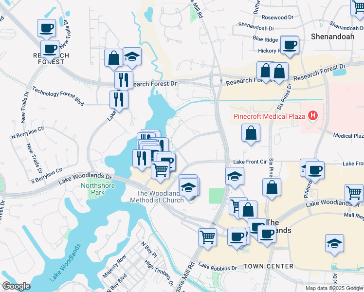 map of restaurants, bars, coffee shops, grocery stores, and more near 1725 Hughes Landing Boulevard in The Woodlands