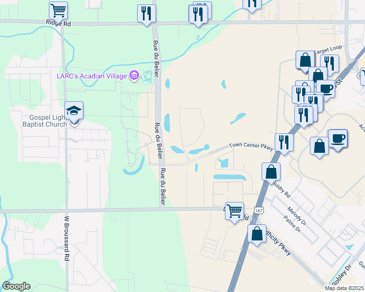 map of restaurants, bars, coffee shops, grocery stores, and more near 1630 Rue du Belier in Lafayette