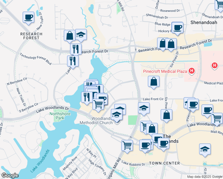 map of restaurants, bars, coffee shops, grocery stores, and more near 1800 Hughes Landing Boulevard in The Woodlands