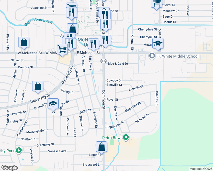 map of restaurants, bars, coffee shops, grocery stores, and more near 621 Bienville Street in Lake Charles