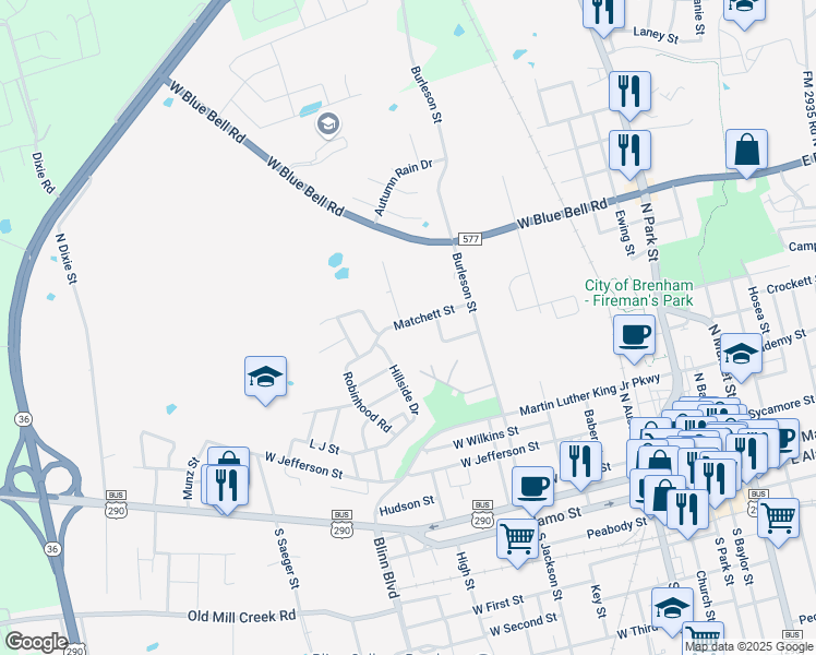 map of restaurants, bars, coffee shops, grocery stores, and more near 808 Matchett Street in Brenham