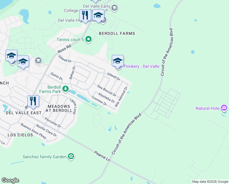 map of restaurants, bars, coffee shops, grocery stores, and more near 5616 Sunday Silence Drive in Del Valle