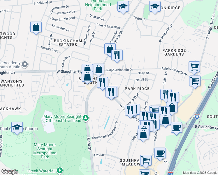 map of restaurants, bars, coffee shops, grocery stores, and more near 510 West Slaughter Lane in Austin