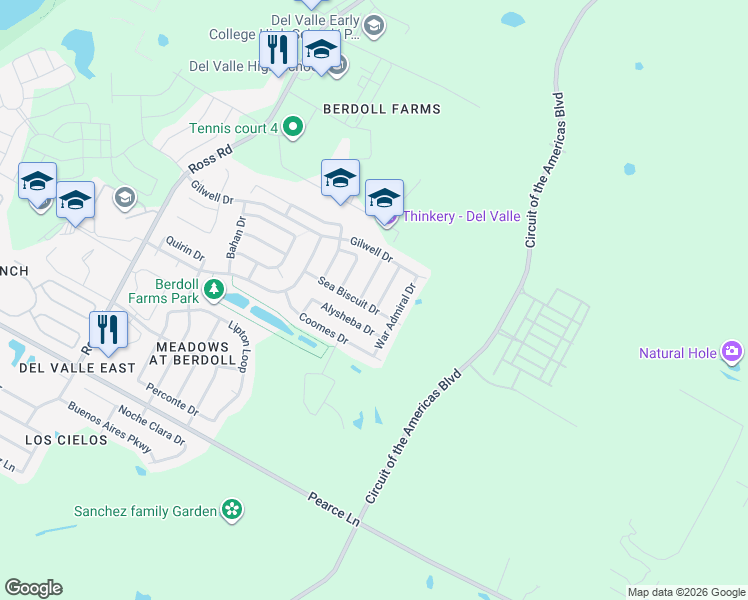 map of restaurants, bars, coffee shops, grocery stores, and more near 5616 Sunday Silence Drive in Del Valle