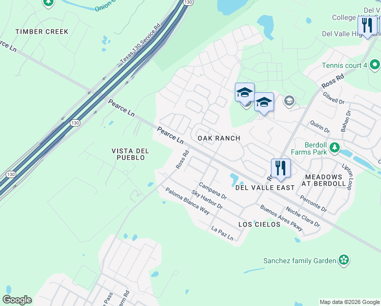 map of restaurants, bars, coffee shops, grocery stores, and more near 12304 LaGuardia Lane in Del Valle