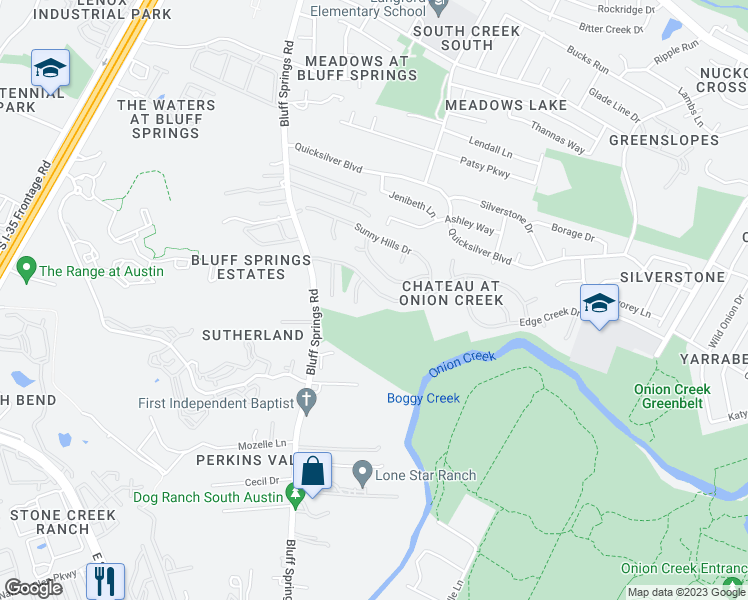 map of restaurants, bars, coffee shops, grocery stores, and more near 2421 Chateau Village Way in Austin