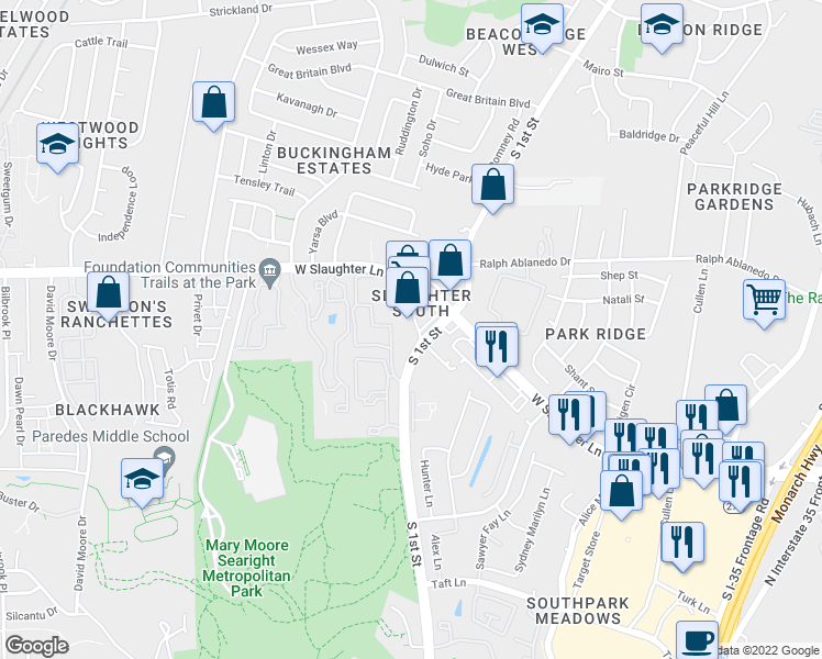 map of restaurants, bars, coffee shops, grocery stores, and more near 615 West Slaughter Lane in Austin