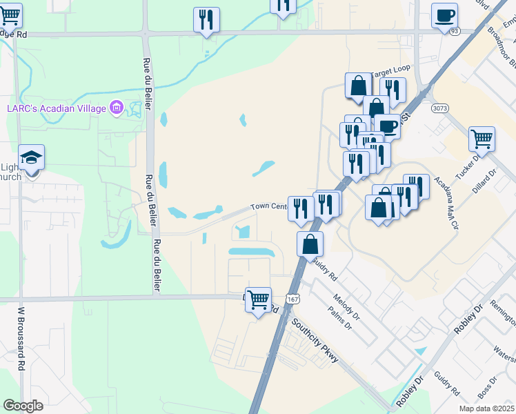 map of restaurants, bars, coffee shops, grocery stores, and more near 223 Town Center Parkway in Lafayette