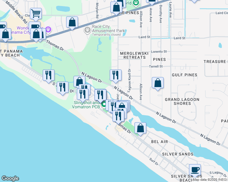 map of restaurants, bars, coffee shops, grocery stores, and more near 9001 North Lagoon Drive in Panama City