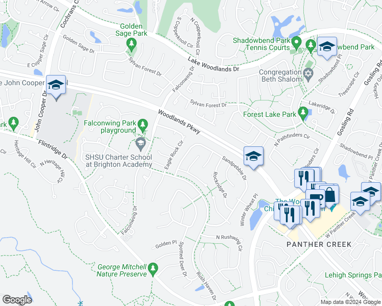 map of restaurants, bars, coffee shops, grocery stores, and more near 46 Sandpebble Drive in Spring