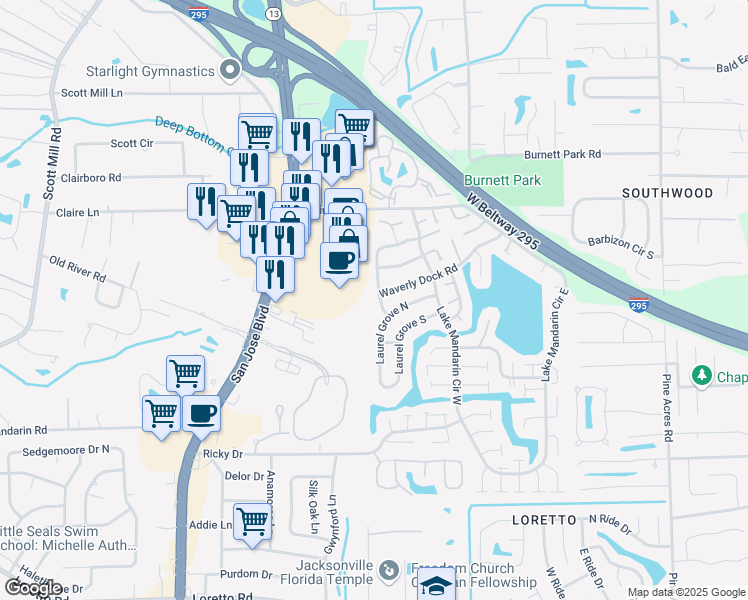map of restaurants, bars, coffee shops, grocery stores, and more near 11162 Fairbanks Grant Road West in Jacksonville