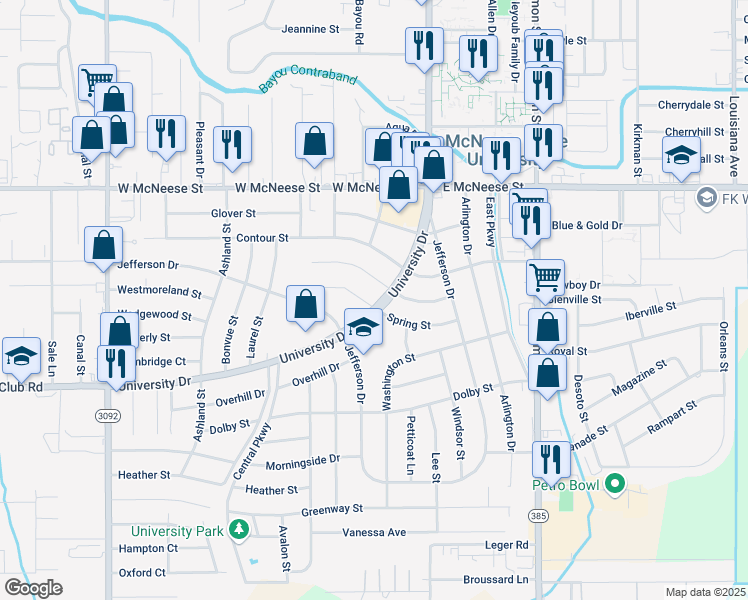 map of restaurants, bars, coffee shops, grocery stores, and more near 207 Frazier St in Lake Charles