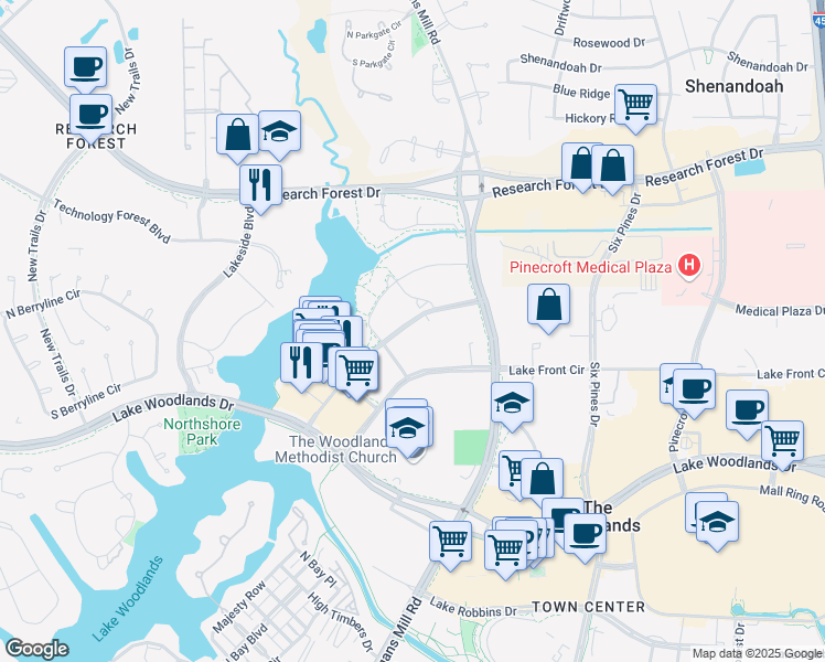 map of restaurants, bars, coffee shops, grocery stores, and more near 1725 Hughes Landing Boulevard in The Woodlands