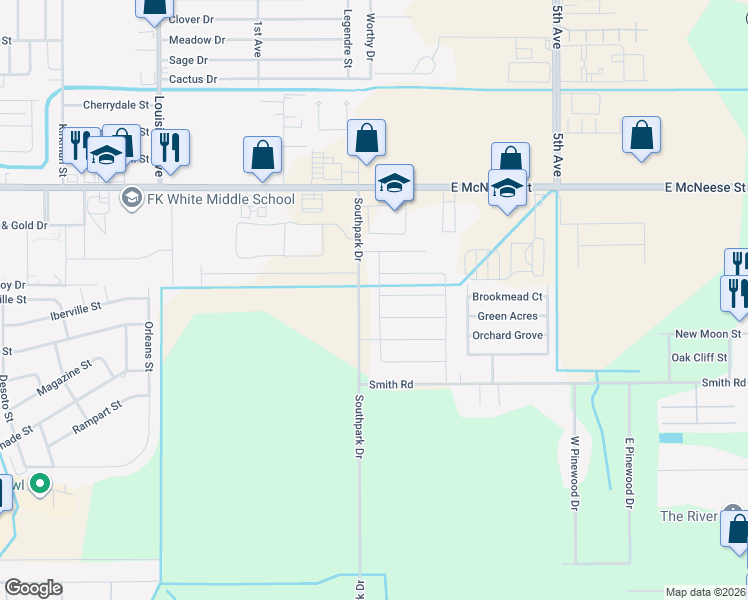 map of restaurants, bars, coffee shops, grocery stores, and more near 5414 Chandler Avenue in Lake Charles