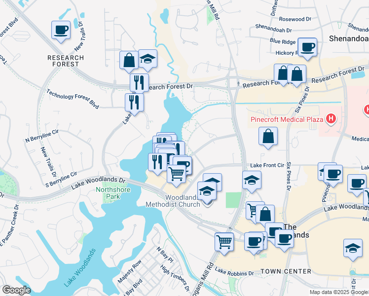 map of restaurants, bars, coffee shops, grocery stores, and more near 1800 Hughes Landing Boulevard in The Woodlands