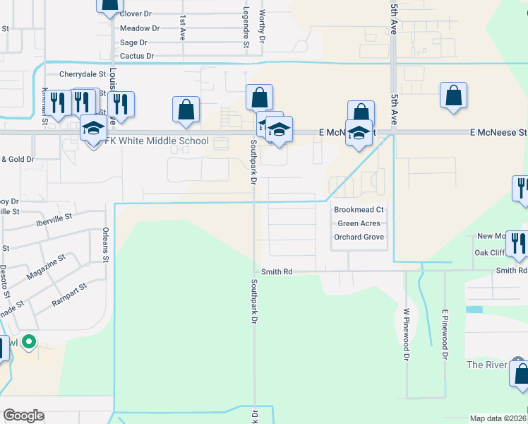 map of restaurants, bars, coffee shops, grocery stores, and more near 5414 Chandler Avenue in Lake Charles