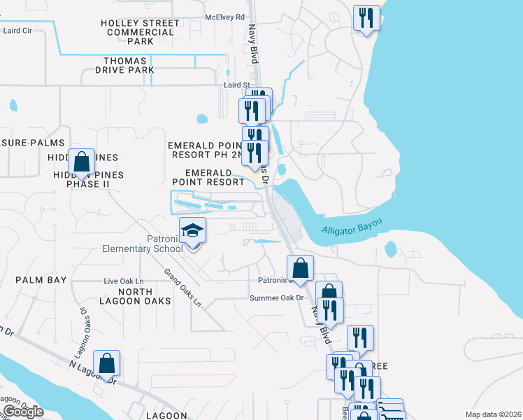 map of restaurants, bars, coffee shops, grocery stores, and more near 1202 Thomas Drive in Panama City