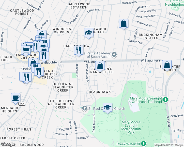 map of restaurants, bars, coffee shops, grocery stores, and more near 1215 West Slaughter Lane in Austin