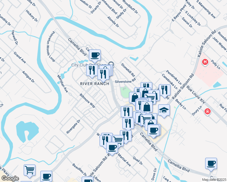 map of restaurants, bars, coffee shops, grocery stores, and more near 1219 Camellia Boulevard in Lafayette