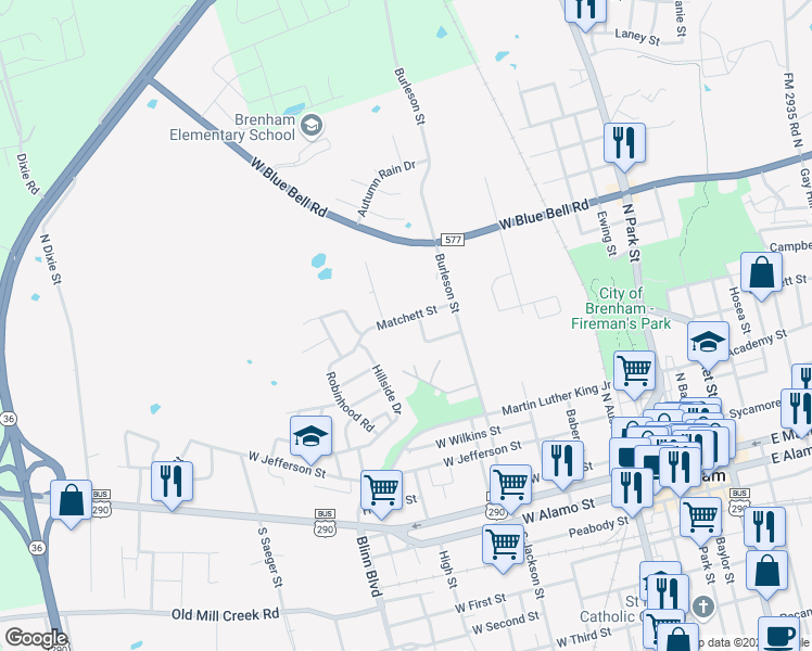 map of restaurants, bars, coffee shops, grocery stores, and more near 808 Matchett Street in Brenham