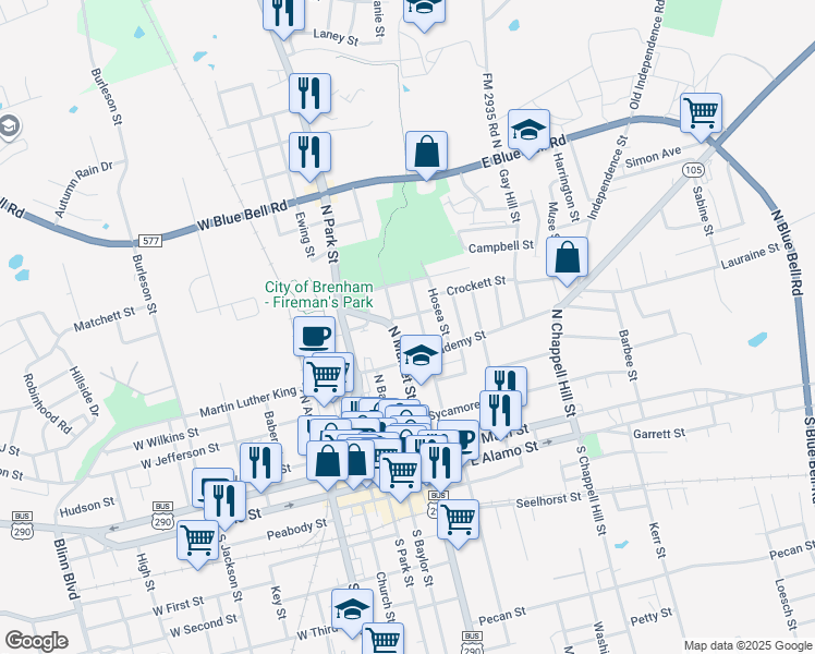 map of restaurants, bars, coffee shops, grocery stores, and more near 696 North Market Street in Brenham