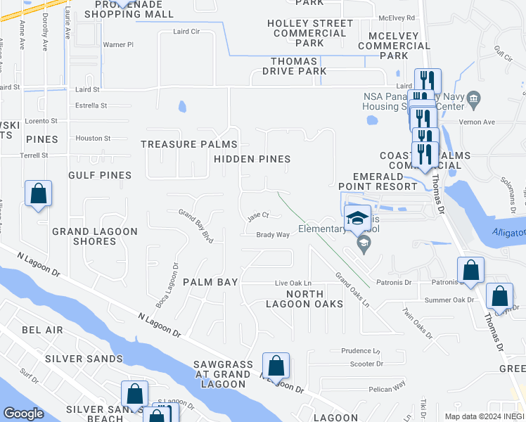 map of restaurants, bars, coffee shops, grocery stores, and more near 309 Jase Court in Panama City Beach