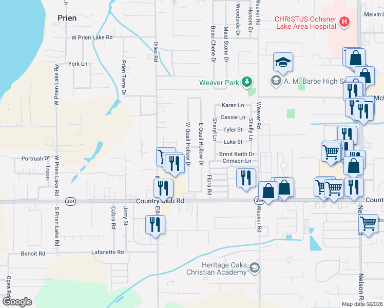 map of restaurants, bars, coffee shops, grocery stores, and more near 4700 W Quail Hollow Dr in Lake Charles