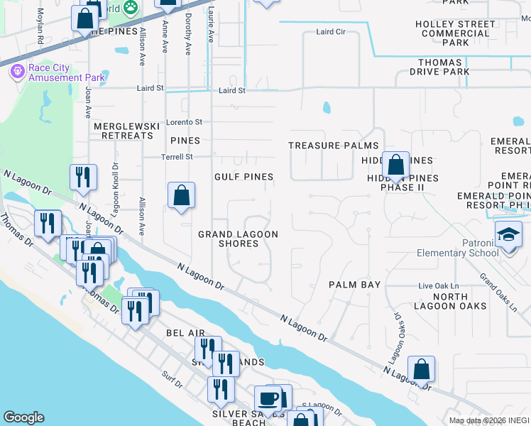 map of restaurants, bars, coffee shops, grocery stores, and more near 165 Grand Lagoon Shores Drive in Panama City Beach