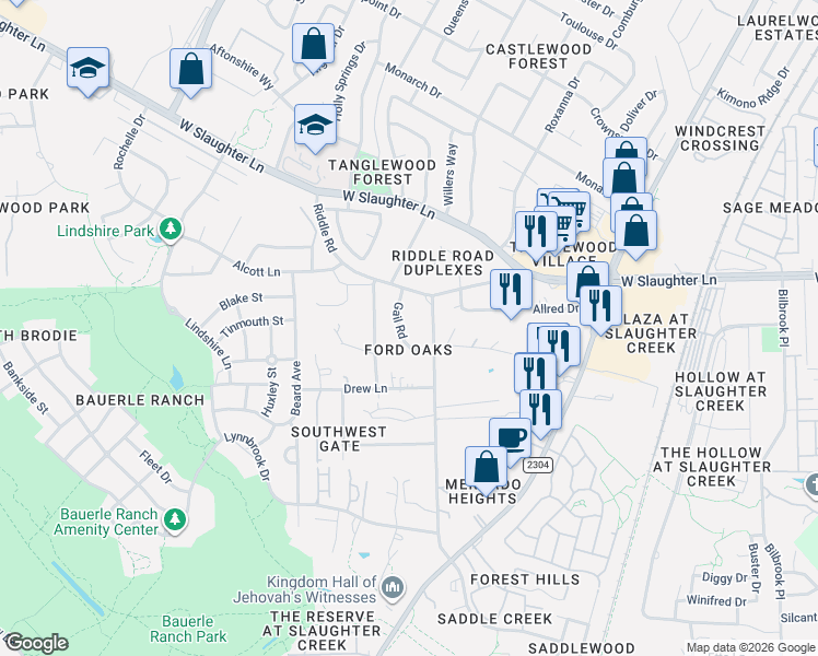 map of restaurants, bars, coffee shops, grocery stores, and more near 10303 Gail Road in Austin