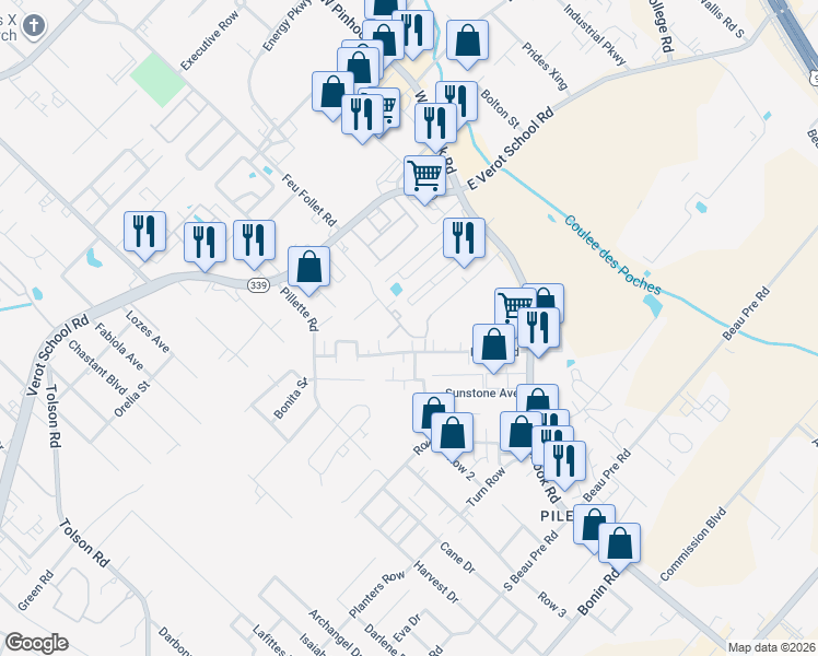 map of restaurants, bars, coffee shops, grocery stores, and more near 108 Merchants Boulevard in Lafayette