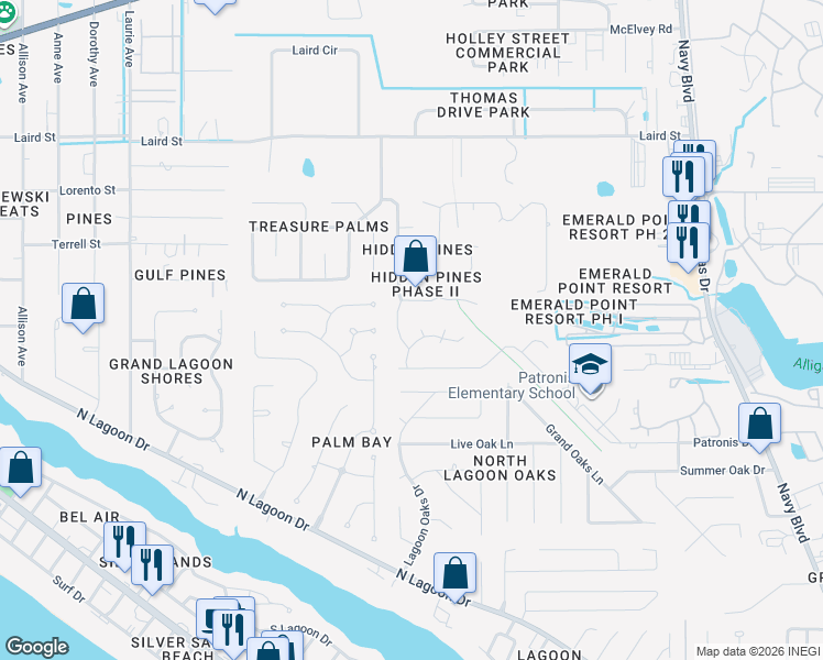 map of restaurants, bars, coffee shops, grocery stores, and more near 233 Hidden Pines Drive in Panama City Beach