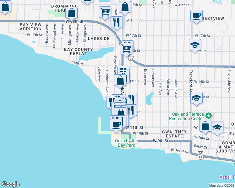 map of restaurants, bars, coffee shops, grocery stores, and more near 1314 Bayview Avenue in Panama City