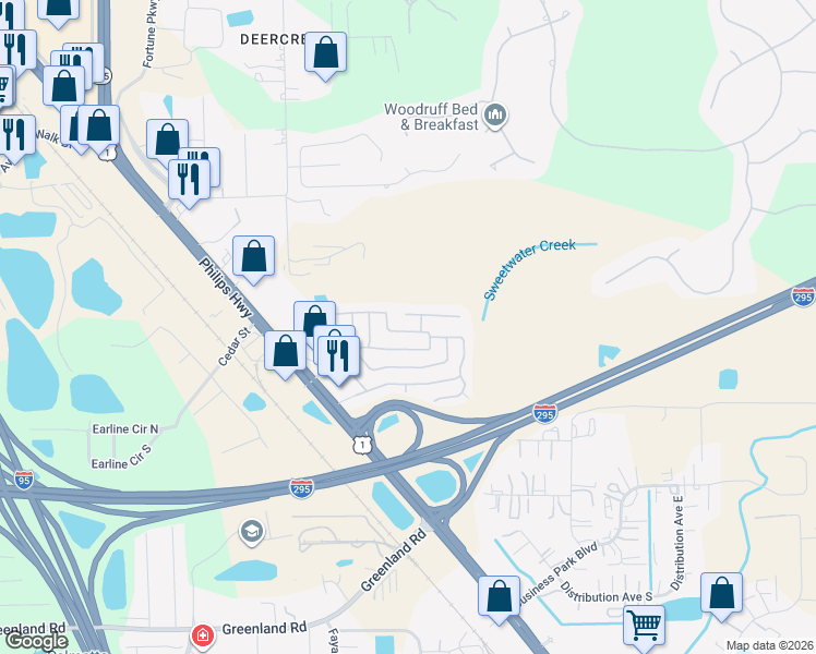 map of restaurants, bars, coffee shops, grocery stores, and more near 7625 Erinwood Court West in Jacksonville