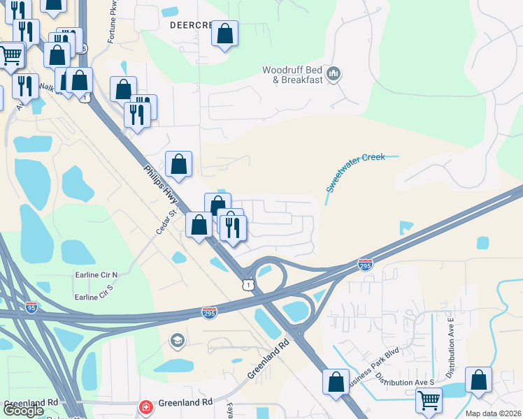 map of restaurants, bars, coffee shops, grocery stores, and more near 7625 Erinwood Court West in Jacksonville