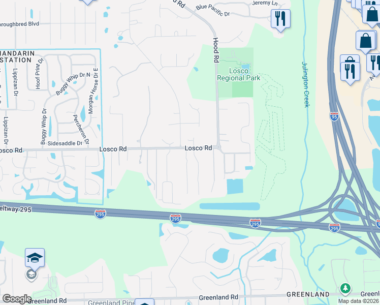 map of restaurants, bars, coffee shops, grocery stores, and more near 5316 Hampton Gable Court West in Jacksonville