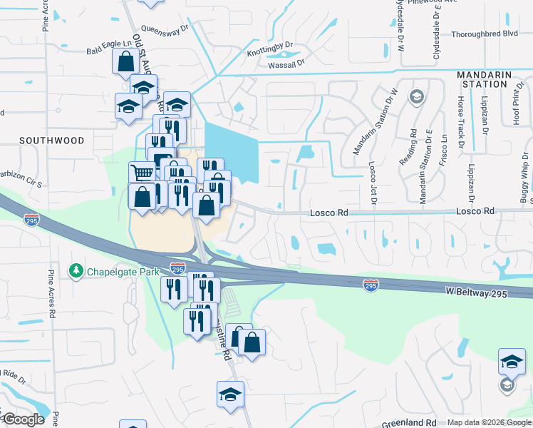map of restaurants, bars, coffee shops, grocery stores, and more near 4365 Losco Road in Jacksonville