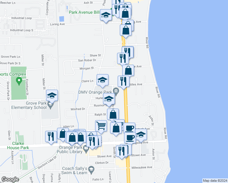 map of restaurants, bars, coffee shops, grocery stores, and more near 1401 Plainfield Avenue in Orange Park