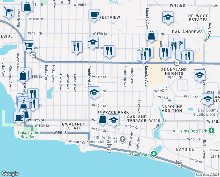 map of restaurants, bars, coffee shops, grocery stores, and more near 1807-1811 Mack Lewis Drive in Panama City