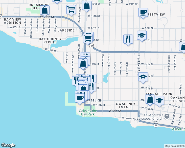 map of restaurants, bars, coffee shops, grocery stores, and more near 1307 Wilmont Avenue in Panama City