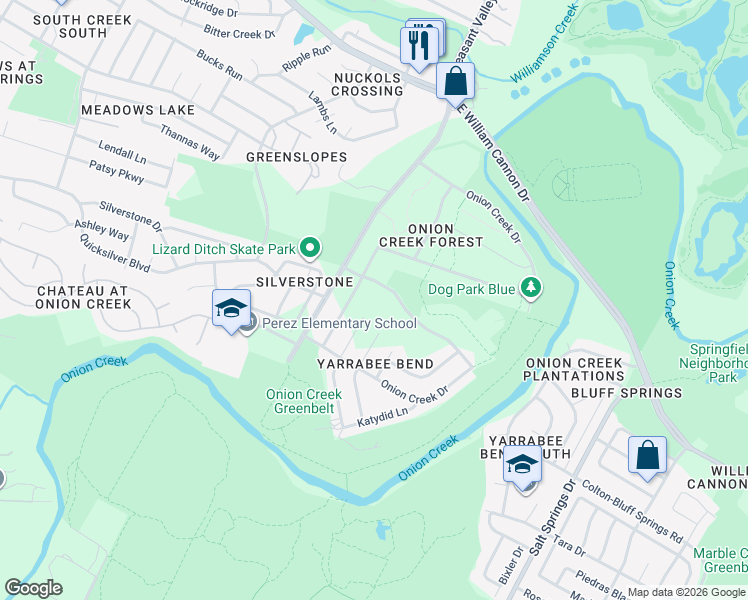 map of restaurants, bars, coffee shops, grocery stores, and more near 7203 Onion Crossing Drive in Austin