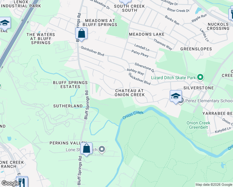 map of restaurants, bars, coffee shops, grocery stores, and more near 2521 Muirlands Drive in Austin