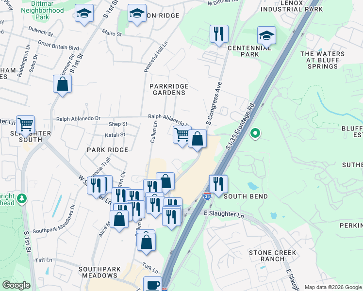 map of restaurants, bars, coffee shops, grocery stores, and more near 8530 S Congress Ave in Austin
