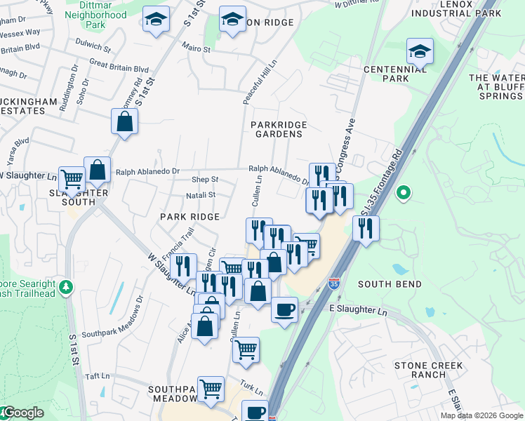 map of restaurants, bars, coffee shops, grocery stores, and more near 8605 Cullen Lane in Austin