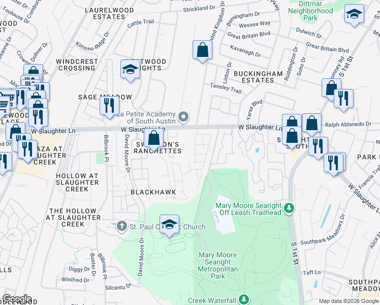 map of restaurants, bars, coffee shops, grocery stores, and more near 1009 West Slaughter Lane in Austin
