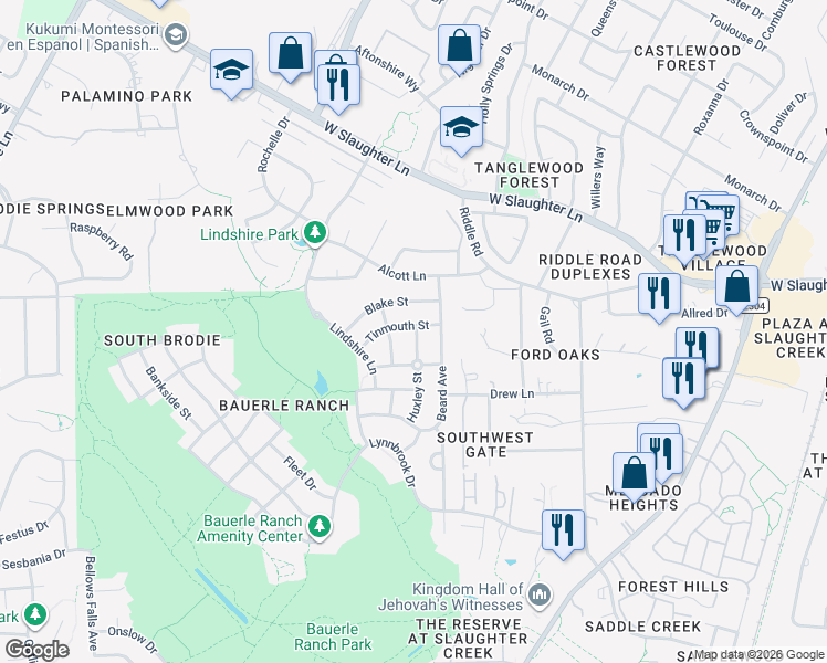 map of restaurants, bars, coffee shops, grocery stores, and more near 2704 Tinmouth Street in Austin