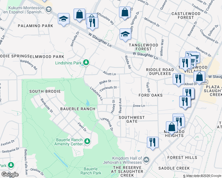 map of restaurants, bars, coffee shops, grocery stores, and more near 2704 Tinmouth Street in Austin
